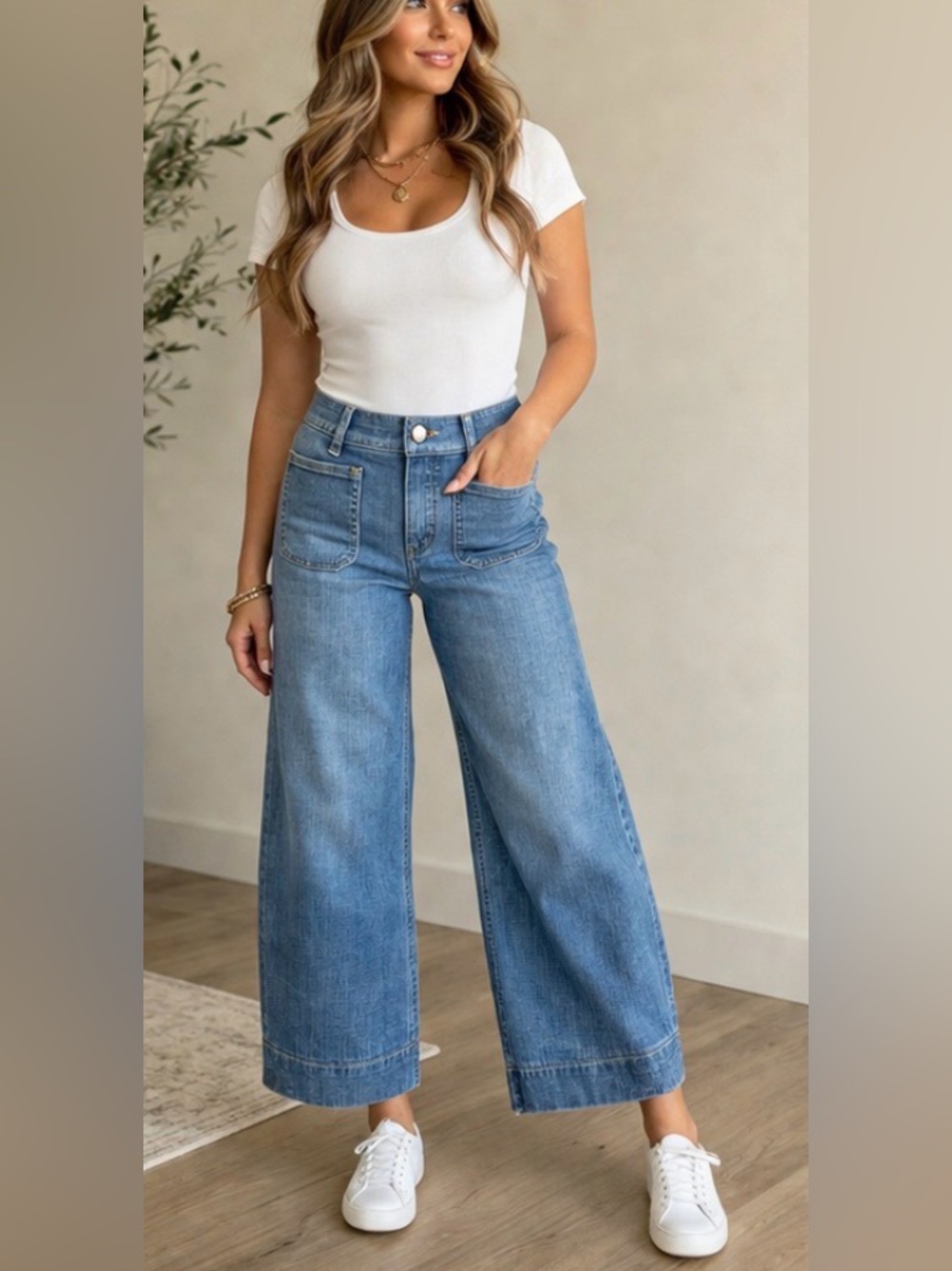 Spanx Barrel Jeans Medium Petite Pull-On Wide Leg Denim Stretch Blue High Rise